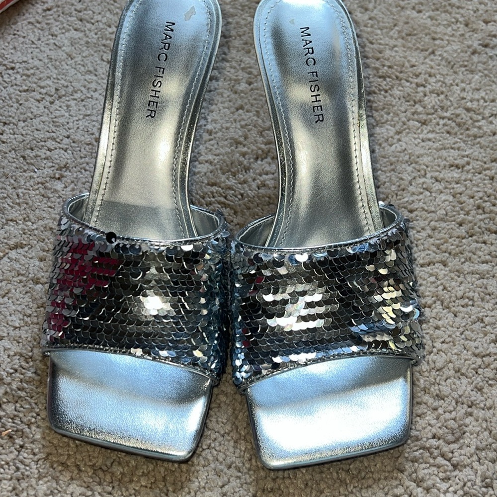 Marc Fisher Metallic Silver Sequin Mules